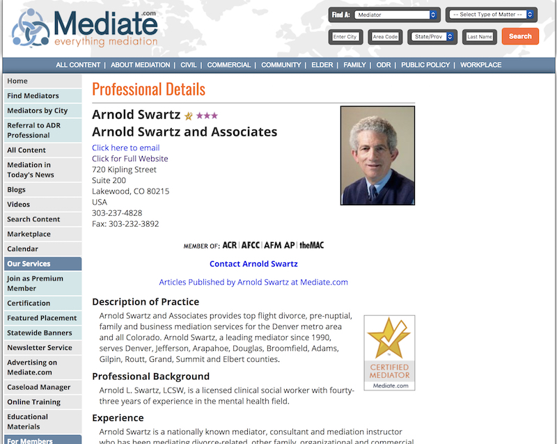 Sample Mediate.com Directory Mediator Details Page Showing Certification